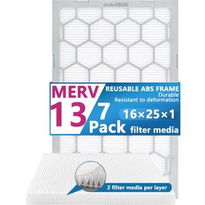 16x25x1 MERV 13 Air Filter,AC Furnace Air Filter,Reusable ABS Plastic Frame, 7 Pack Replaceable Filter Media (Actual Size: 15 3/4" x 24 3/4" x 3/4")