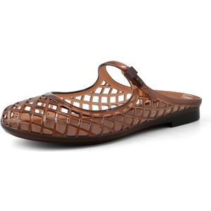 GRACESTRIDE Jelly Flats for Women Mesh Mary Jane Breathable Slides Comfortable Slip on Closed Rounded Toe Flat Sandals Summer Beach Slippers Size 36