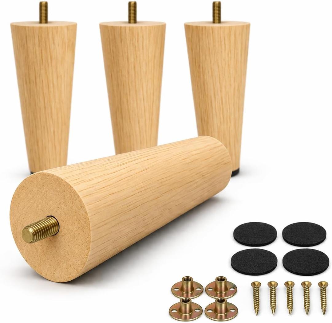 Yaliuliu 6 Inches Round Solid Wood Furniture Legs Set of 4, Natural Wooden Replacement Feet with Threaded 5/16'' Hanger Bolts for Sofa, Couch, Armchair, Cabinet, TV Stand, Ottoman and Dresser