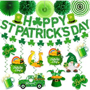 St Patricks Day Decorations, Saint Patricks Day Decorations includes Happy St Patricks Day Banner Shamrock Garland Hanging Swirs and Tissue Pom Poms, St Patricks Day Decorations for Office Home