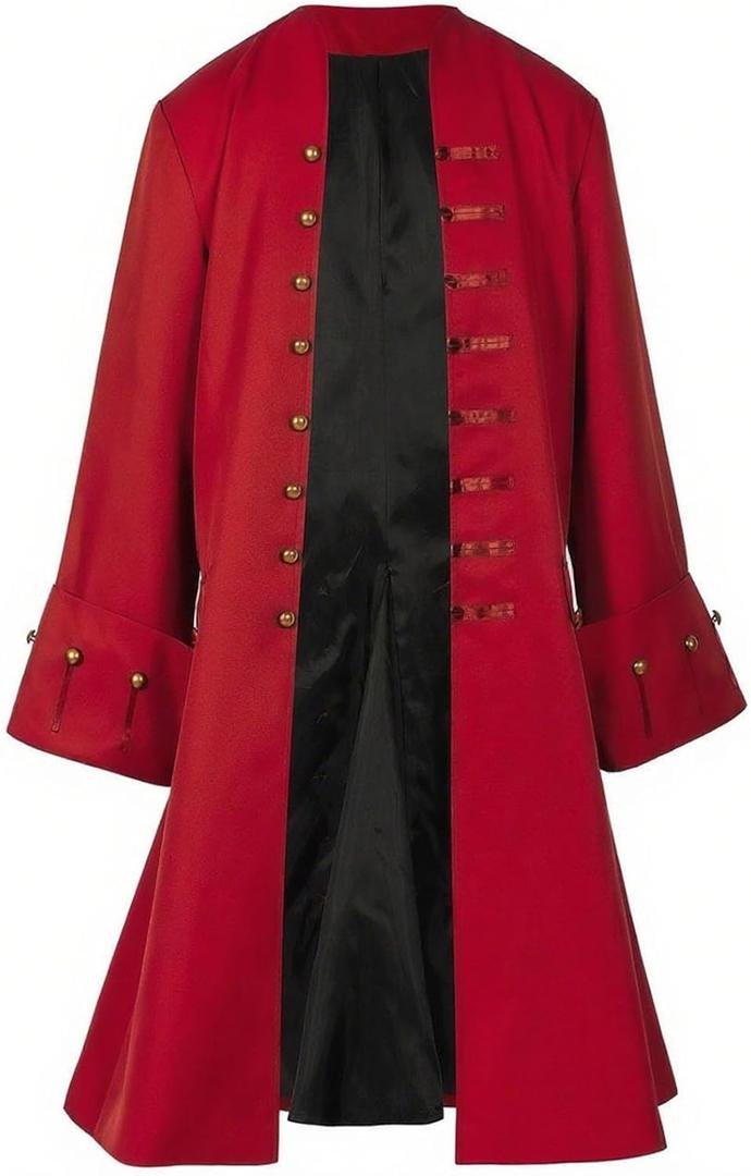 Men Pirate Coat Jacket Costume Medieval Steampunk Vintage Frock Tailcoat Halloween Pirate Cosplay (Large, Red)