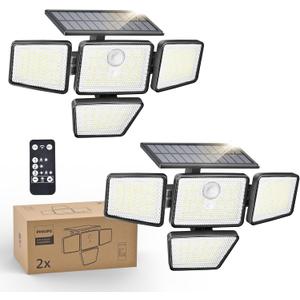 Philips Solar Security Light Outdoor, 196 LED Wall-Mounted Flood Light w/PIR Motion Sensor, 3 Modes, 4 Adjustable Heads Solar-Powered Floodlights with Remote Control, IP65 Waterproof 2PK