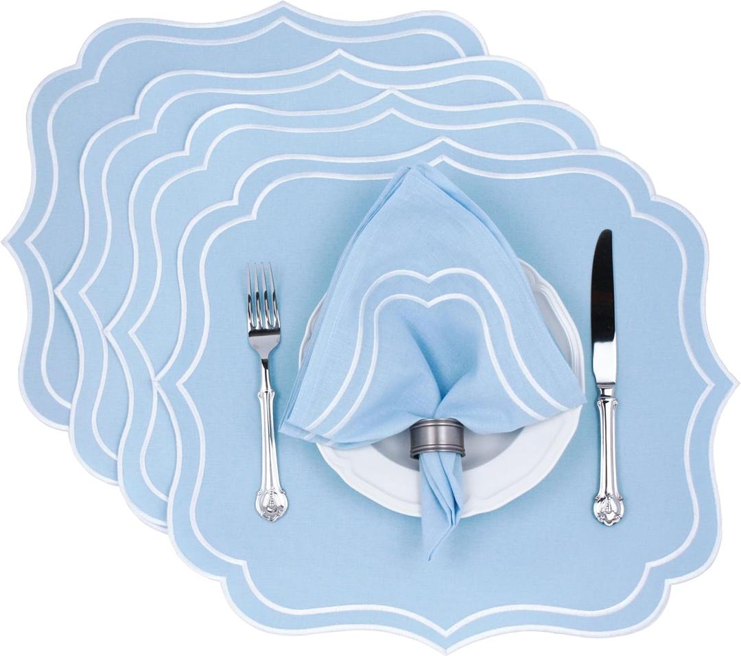 Cotton Linen Placemats Set of 4 - Double Layered, Machine Washable, Scalloped & Embroidered Cloth Table Mats - Wedding, Spring, Summer Mat, 19 x 17 inch, Light Blue