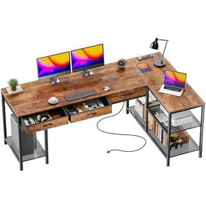 PRAISUN 63 Inch L Shaped Office Desk with Power Outlets and Type-C Port, Large Computer Gaming Desk with 3 Fabric Drawers, Mesh Shelves, Corner Study Work Writing Desk, Rustic Brown