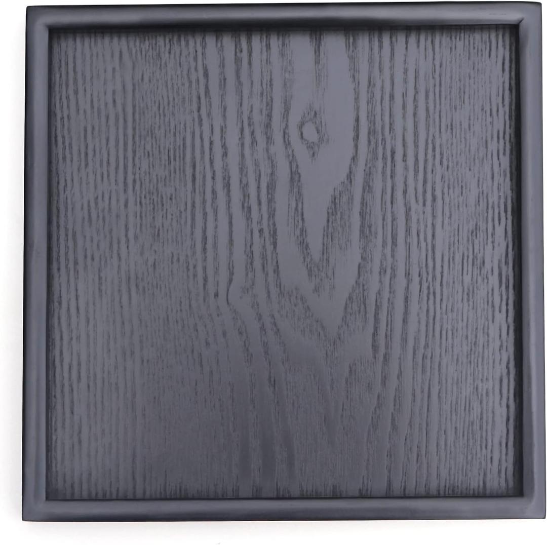 Solid Wood Serving Tray, Square Non-Slip Tea Coffee Snack Plate, Serving Tray with Raised Edges, for Home Kitchen Restaurant (9.5" x 9.5" x 0.8", Black)