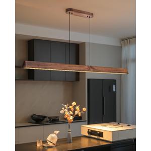 47" Wood Linear Pendant Light, Dimmable Kitchen Island Lighting with Remote, 30W LED Island Lights for Kitchen, Adjustable Linear Chandelier for Dinning Room Light Fixture, Bar, Pool Table - Walnut