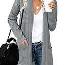 MEROKEETY Women's Casual Long Sleeve Open Front Cable Knit Cardigans Lightweight Solid Color with Pockets, Grey, S