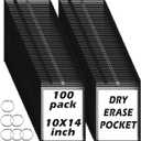 100 Packs Dry-Erase Pockets Bulk Oversized Reusable Dry Erase Pocket Sleeves with 6 Rings, 10x14 Black Ticket Holders, Clear Plastic Sheet Protectors, Teacher School Classroom Supplies