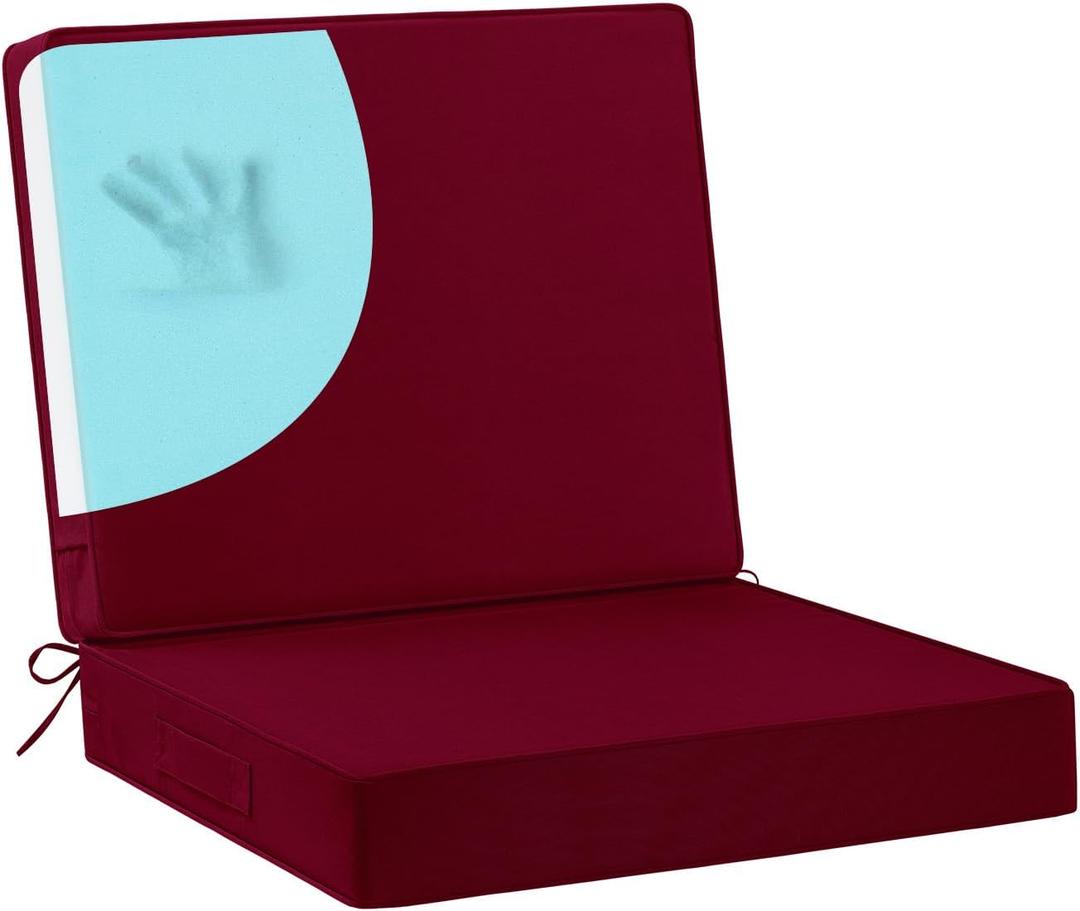 Waterproof Outdoor Chair Cushions 24x24, Memory Foam Outdoor Cushions for Patio Furniture with Removable Cover, Deep Seat Cushions for Outdoor Furniture with Ties and Handle, Burgundy