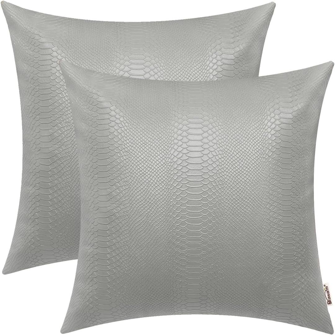 BRAWARM Gray Leather Throw Pillows 18 X 18 Inches, Snake Leather Pillow Covers Pack of 2, Faux Leather Decorative Pillow Covers for Couch Living Room Garden Bed Sofa Home