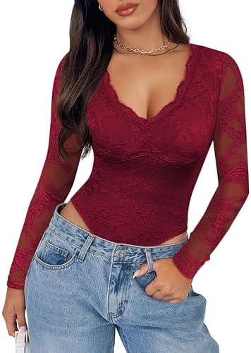 SAUNGKUAI Women's V Neck Lace Bodysuit Long Sleeve Bodysuits Double Lined Going Out Tops Y2K Trendy Thong Outfits M, Burgundy
