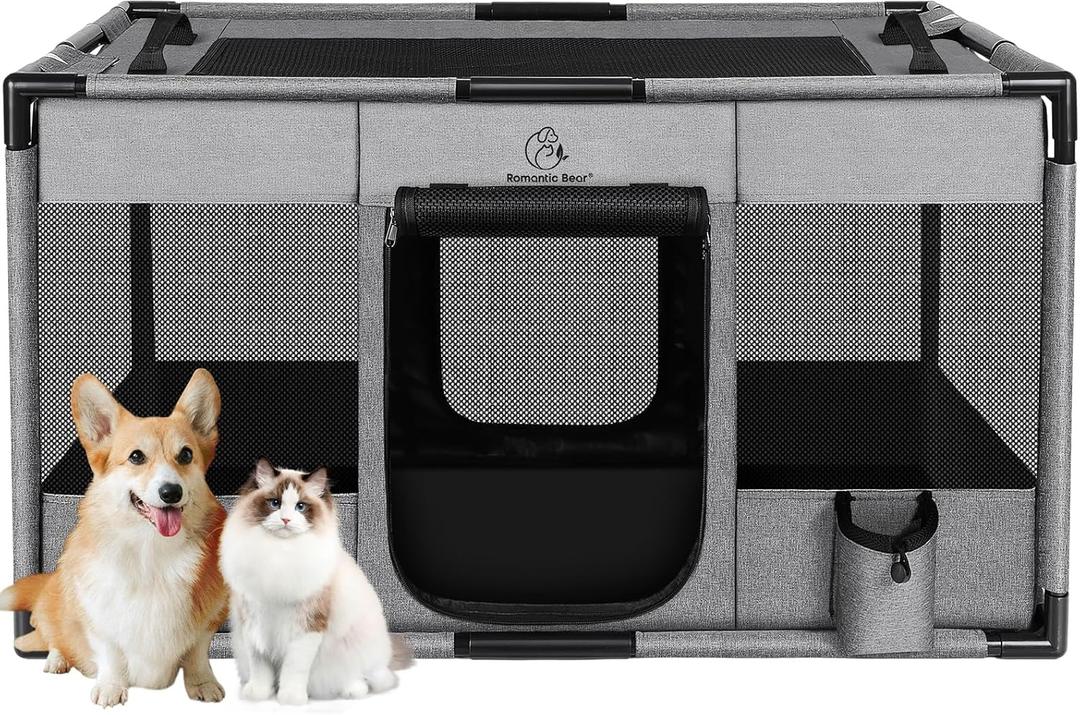 Dog Playpen,Fabric Fence, Portable Soft Cat Kennel Crate,Breathable Exercise Puppy Pen,PVC Pipe Frame,Indoor Outdoor Cage for Medium Animals Under 50 Ibs with Carrying Case(Grey L)