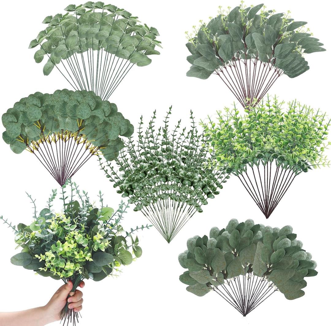 Ceenna 200 Pcs 6 Kinds Mixed Eucalyptus Leaves Stems Bulk Artificial Eucalyptus Leaves Sprays Silver Dollar Faux Greenery Picks Bundle for Wedding Vase Floral Arrangement Decor