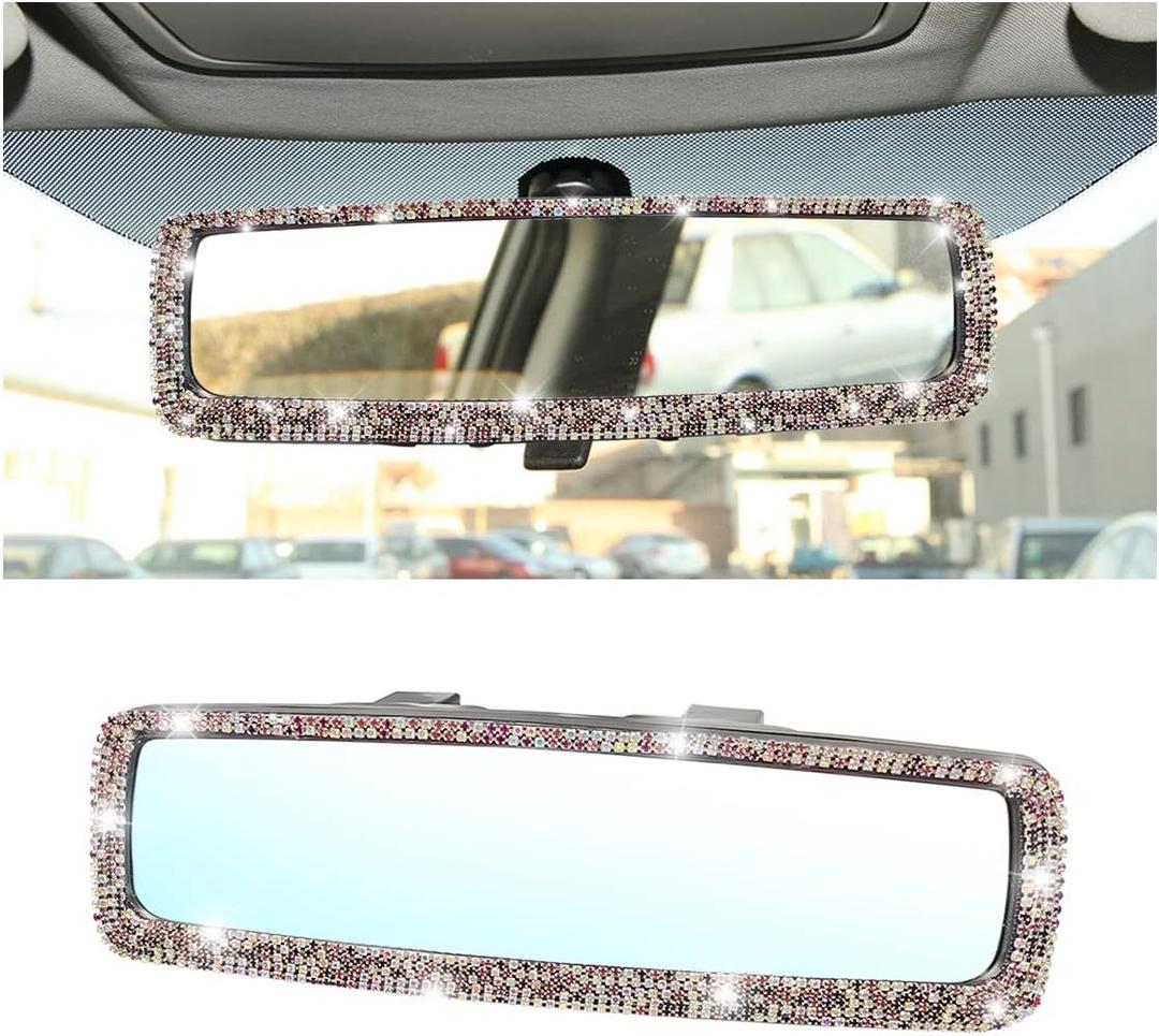 Bling Car Rear View Mirror, Rhinestones Crystal Clip-on Rearview Mirror with HD Glass, Compatible with Most Cars, SUVs, Vehicles, Auto Interior Accessories for Women Girl (Pink) (AB Color)