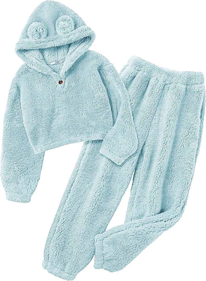 Arshiner Girls 2 Piece Outfits Sweatsuit Fuzzy Long Sleeve Bear Ear Hoodie Sweatshirt and Sweatpant Kids Clothing Sets (12-13Y, Light Blue)