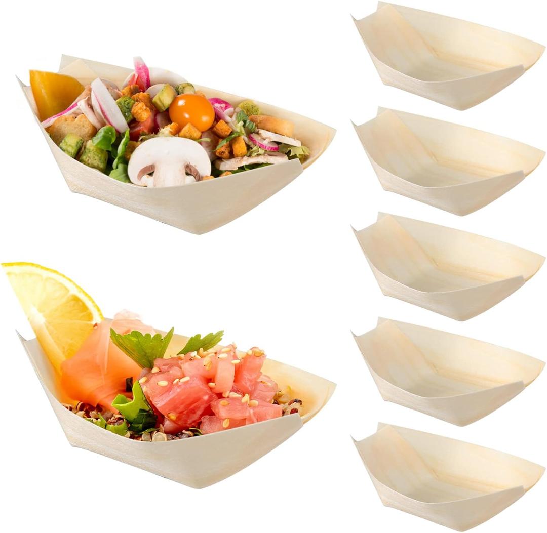 Operitacx 100PCS Sushi Boat Disposable Mini Wooden Serving Trays 3.34Inch for Sushi Appetizer Dessert Buffet Catering Parties - Biodegradable