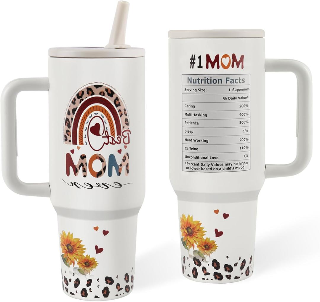 40 oz Tumbler with Handle and Straw Lid - Gifts for Mom from Daughter, Son - Birthday, Christmas Gifts for Women - 100% Leak Proof, Stainless Steel Insulated Keeps Drinks Cold or Hot