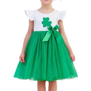 Girls Casual Tulle Tutu Dress Baby Toddler Ruffle Sleeves Bow Princess Party Dresses (Size 100, Green Clover)