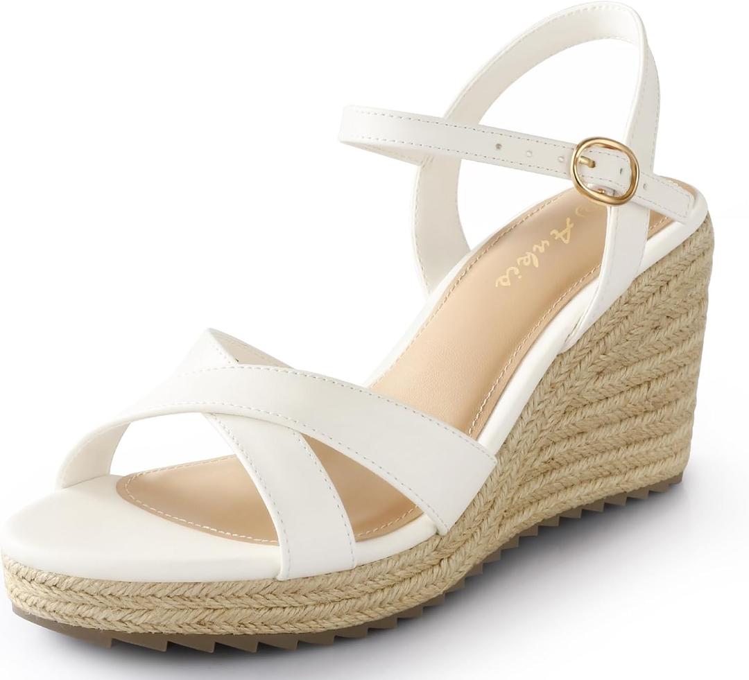 Ankis Wedge Sandals for Women, Espadrille Womens Wedge Sandals Comfortable Open Toe Cross Band Ankle Strap High Heel Wedges for Women Dressy Summer -3.4Inch, Size 7 (Beige)