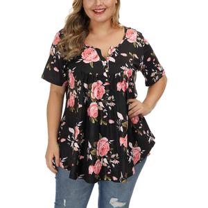 Gocolloa Womens Plus Size Tops Tunic Short Sleeve V Neck Floral Print Shirts Summer Casual Loose Blouse (Black, XXXL)