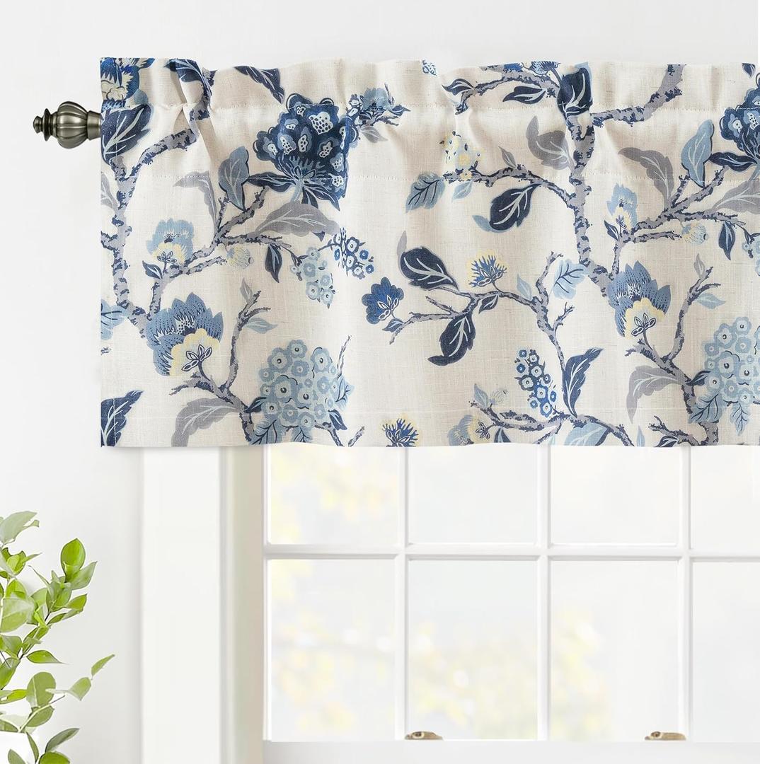 DriftAway Ada Botanical Print Lined Flower Leaf Thermal Insulated Linen Blend Window Valance Rod Pocket 52 Inch by 14 Inch Plus 1.75 Inch Header Navy 1 Pack