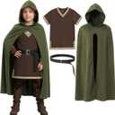 Yearntown 3 Pcs Halloween Kids Renaissance Knight Costume, Medieval Cloak Hooded Cape, Viking Shirt with Belt, Boys Cosplay(Green Cloak Brown Shirt, 120, 4-6 Years)