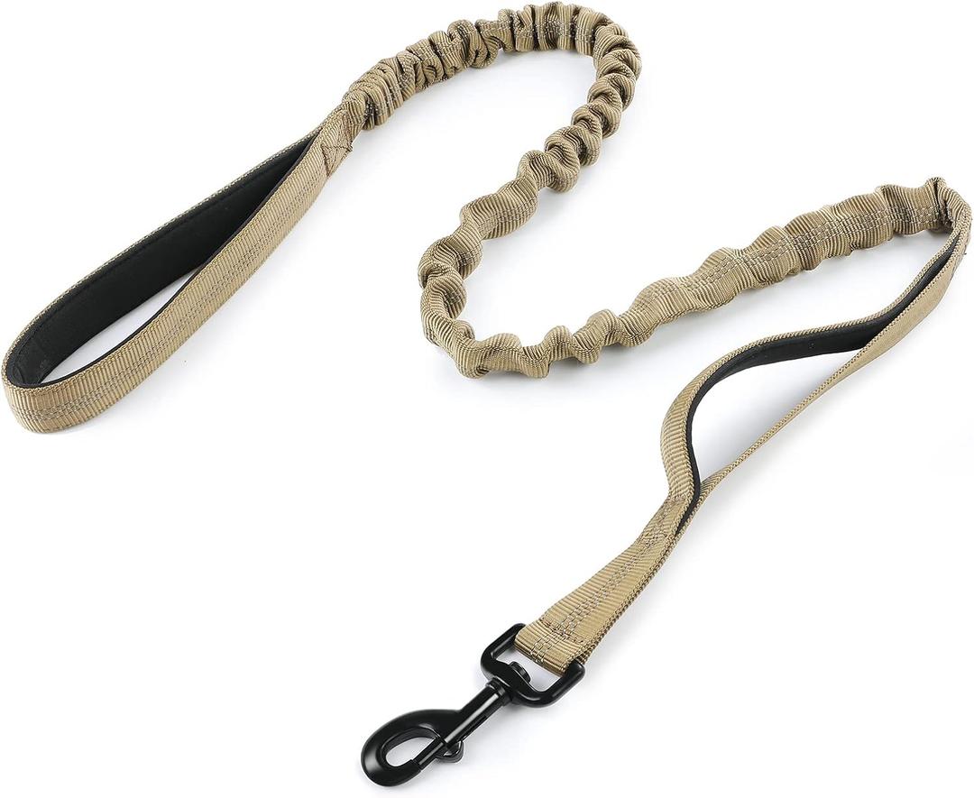 rabbitgoo Tactical Bungee Dog Leash with Shock Absorption, Military Training Leash with 2 Padded Control Handles for Medium Large Dogs, 5.2FT, Brown