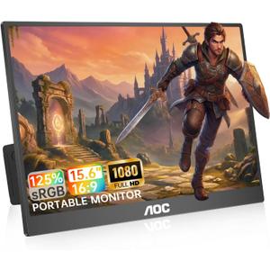 AOC Portable Monitor 15.6'' FHD 1080P IPS 125% sRGB, USB-C HDMI Travel Monitor for Laptop, Ultra Slim External Second Screen for Work, Gaming, Mac, PS5, Xbox, Switch with Speakers & HDR, Black