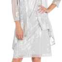 Elegant 2-Piece Foil Print Knee-Length Dress W/Flowing Mesh Jacket - Shimmering Lace Floral Outfit for Special Occasions. (Silver, 6)