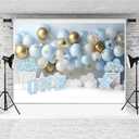 7x5ft First Birthday Backdrop for Boy - Blue Gold White Balloon 1st Birthday Photography Background for Baby Shower Cake Smash Banner Photo Studio Props