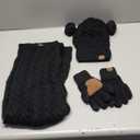 Winter Hat Scarf Glove Set for Women, Fleece Lined Beanie with Double Pom Pom, Touchscreen Gloves Knit Scarf for Cold Weather (Black)