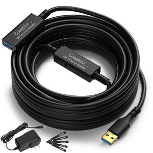 USB 3.0 Active Extension Cable 50 Feet, Long USB Type-A Male to Female Extender Cord, Built-in 2 Signal Booster Smart Chips, 5Gbps Transfer, Black USB Extension Cable with an AC Power Adapter (5V 2A)