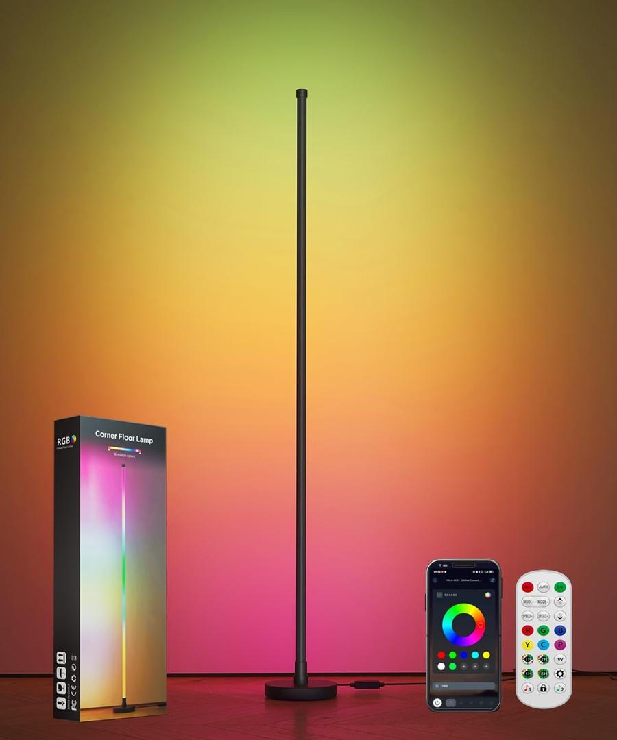 Smart RGB LED Corner Floor Lamp, Standing Lamp with Music Sync and 16M+ DIY Colors, Remote & App Control, Color Changing Ambient Lighting, Floor Lamps for Living Room, Bedroom and Party (Black)
