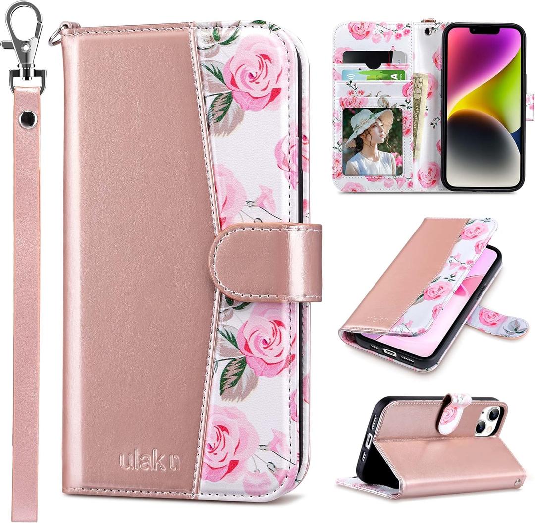 ULAK Compatible with iPhone 14 Wallet Case for Women, PU Leather Floral Flip Cover with Card Holder Kickstand Feature Protective Purse Case 6.1 Inch, Rose Gold