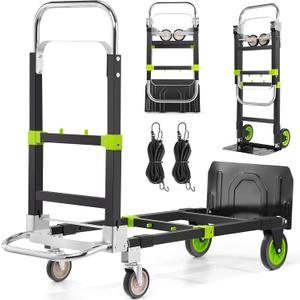 3-in-1 Convertible Heavy Duty Folding Hand Truck Dolly, 600LB Capacity with Rubber& Wheels Telescoping Handles, Portable Collapsible Cart for Warehouse, Supermarket, Office (Green)
