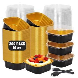 DeziWood 200 Pack 10 oz Black Gold Mini Aluminum Cake Pans with Lids and Spoons, Disposable Square Baking Cups, Oven Safe Foil Ramekins for Individual Desserts, Cupcakes, Cheesecakes Ramekins Muffin
