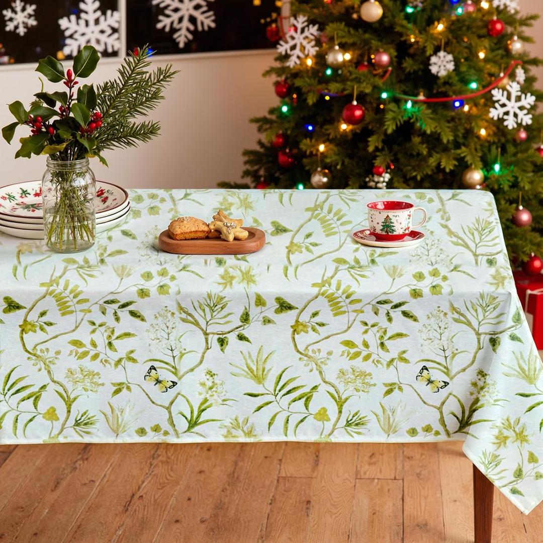 Rectangle Flower Table Cloth, Waterproof Vinyl Tablecloth, Table Linens, Plastic Tablecloths for Dinner, Kitchen and Parties, 60"x 84" (Green Leaf)