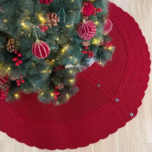 Starry Dynamo 60-Inch Knitted Christmas Tree Skirt with Mermaid Stitch Pattern and Fishscale Buttons, Machine Washable, Red (Burgundy)