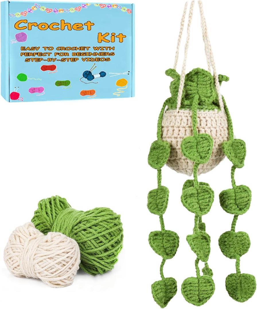 XIANFANG Green Apple Plants DIY Craft Supplies, Beginner Crochet Kit for Adults Kids Women Men Hanging Potted Plants Crochet Starter Kit with Step-by-Step Instructions and Video Tutorials