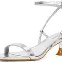 Midatope Women's Low Kitten Heels Strappy Open Square Toe Ankle Strap Sexy Fashion Comfort Dress Shoes Party Heeled Sandals 7.5 Silver