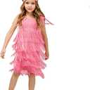 Girls 1920s Flapper Dress Sequin Tassel Fringe Latin Dance Dress Kids Gatsby Ballroom Party+Feather Headband (Pink)