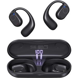 PSIER Open Ear Headphones, Bluetooth 5.3 Wireless Sports Headphones with Digital Display Charging Case 40 Hours Playtime True Earbuds with Earhooks for Running, Walking, Workout (Black)