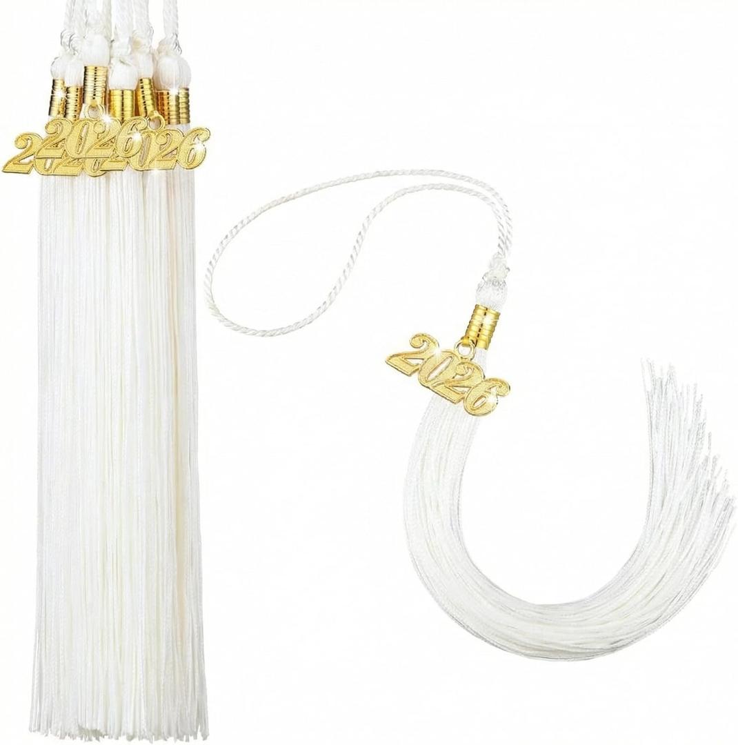 Boao 18 Pieces 2026 Graduation Tassel Charm for Graduation Cap Academic Hat Tassels with 2026 Year Gold Date Pendants Memorial for Ceremonies Parties(White)