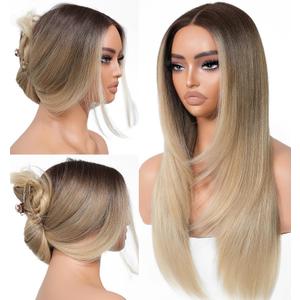 Ombre Blonde Wear and Go Glueless Wigs Pre Plucked Pre Cut for Beginners Synthetic Lace Front Wigs With Bangs Blonde Long Layered Straight Wigs 26 Inch 3 Seconds to Wear for Beginners