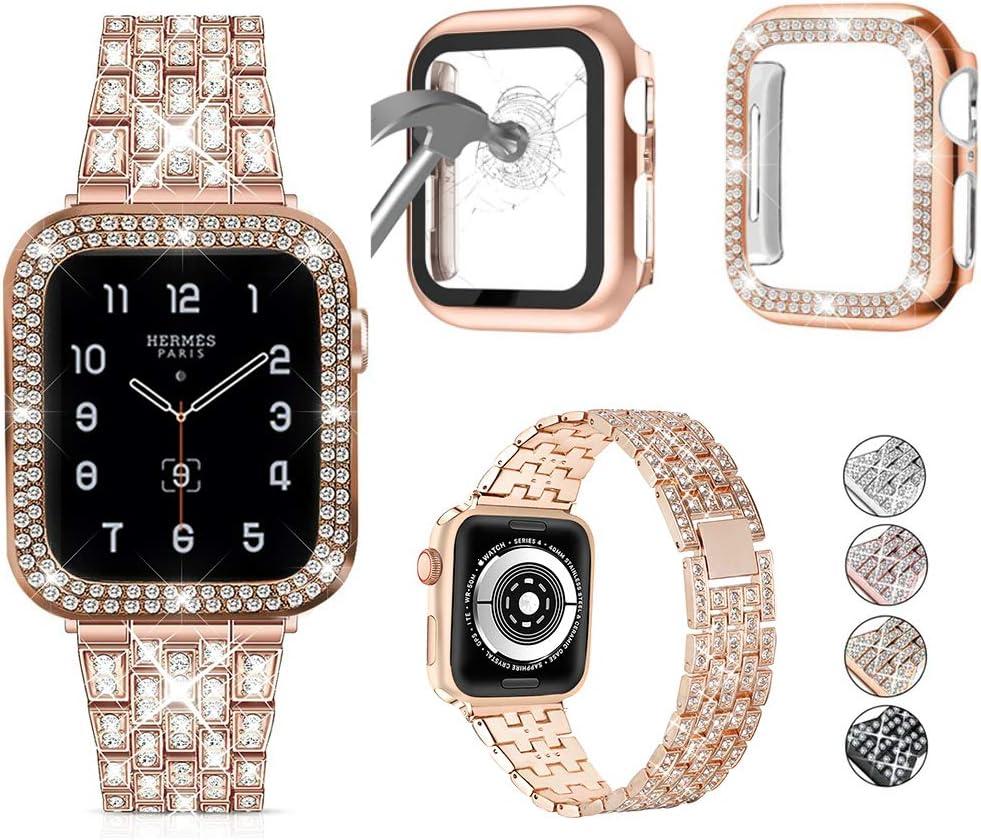JOHIPI 3 Pack Compatible With Apple Watch Band 38mm 40mm 42mm 44mm + Case, Women Jewelry Bling Diamond Metal Strap with Diamond Case and Glass Screen Protector Case For iWatch Series SE 6 5 4 3 2 1