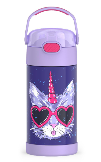 THERMOS FUNTAINER Water Bottle with Straw - 12 Ounce - Kids Stainless Steel Vacuum Insulated Water Bottle with Lid, Cool Caticorns