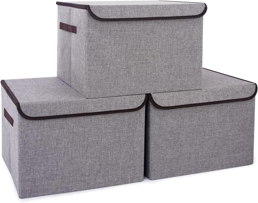 Bagnizer Large 17" 42 Quarts Collapsible Stackable Storage Bins with Lids [3-Pack] Foldable Fabric Linen Storage Boxes Cube, Closet Organizer Baskets with Label for Home (16.7 x 12 x 12, Gray)