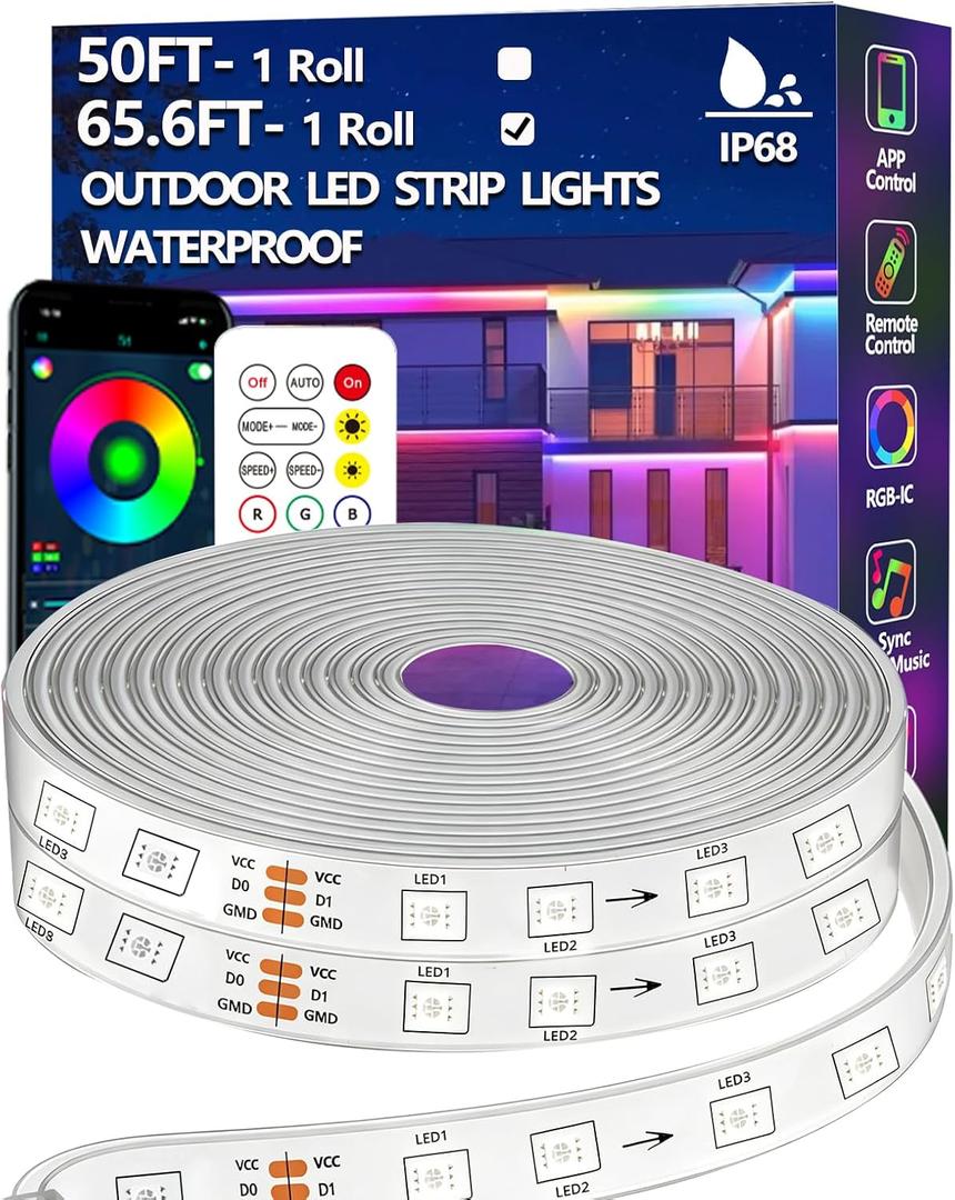 65.6FT Outdoor LED Strip Light Waterproof,IP68 Outside RGB Light Strip with App/Remote Control,Chase Mode,Music Sync Rope Light for Balcony,Deck,Rooftop,Garden,Pool