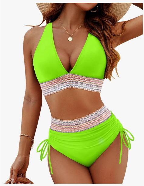 Blooming Jelly Women High Waisted Bikini Sets Tummy Control Swimsuits Color Block Two Piece Drawstring Bathing Suit, L
