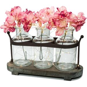 Vase Set with Flower and LED Lights, 3 Jars with Artificial Flowers, Rustic Wood Tray, Farmhouse Table Decor